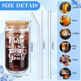 Tioncy 12 Set Nurses Week Appreciation Gifts Bulk for Women 16oz Glass Cups with Bamboo Lids and Straws Brushes Nurse Assistant Rn Gifts Coffee Cup for Work Graduation School Lab Week Supplies