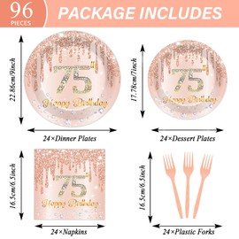 96 Pcs Rose Gold 75th Birthday Party Plates and Napkins for Girls Rose Gold Party Supplies Pink Happy 75 Years Birthday Party Tableware Set for 24 Guests Party Decorations