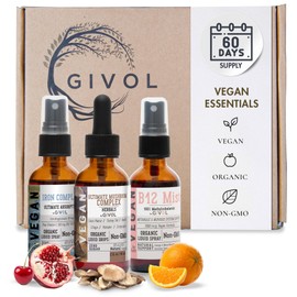 GIVOL Ultimate Vegan Essential Bundle Liquid Spray- Ultimate Mushroom Complex, Iron Bisglycinate, and Vitamin B12 Methylcobalamin, All Natural, Non-GMO, Gluten Free, Sugar Free 2 Fl Oz 360 Days Supply
