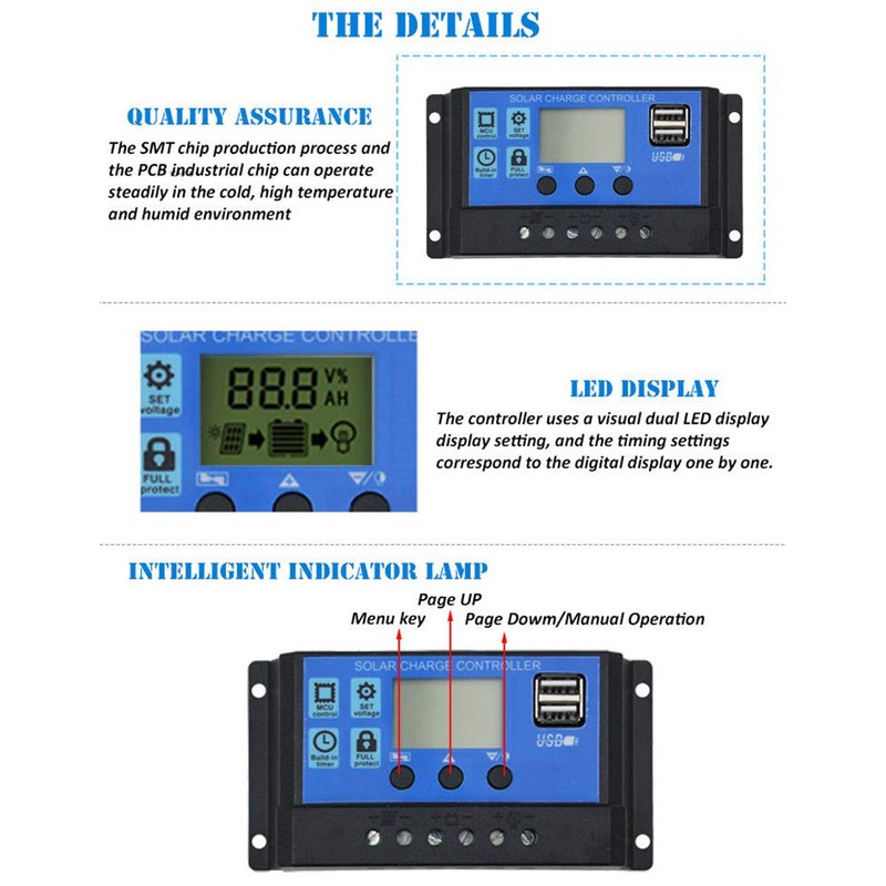 OZSTOCK® Solar Panel Regulator Charge Controller USB 10A/20A/30A 12V-24V (20A)