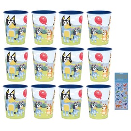 Unique Bluey Birthday Party Supplies Bundle Pack includes 12 Reusable Plastic Cups and 1 Dinosaur Sticker Sheet