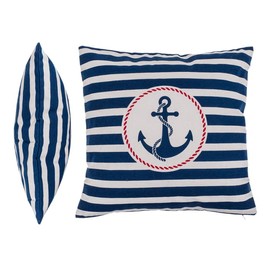 Seaside No.64 - Maritime Cushion with Anchor for Couch, Bed, Boat, Patio - Blue and White / Cream Striped - Size 40 cm x 40 cm - with Zip - Washable at 30 °C
