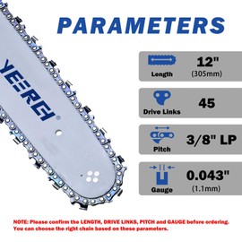 Yeerch 12 Inch Chainsaw Chain 3/8" LP Pitch .043" Gauge 45 Drive Links, Fits for Dewalt, Milwaukee, Kobalt, Craftsman, Makita and More (Semi-Chisel)