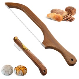 NewEle 16" Wooden Serrated Bread Bow Knife with Bread Lame Tool - A Set of Bread Cutting & Scoring Tools, with Bread Slicer for Homemade Bread - Bread Lame Dough Scoring Tool with Cover