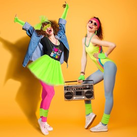 Xintorch 80s Outfit Women Costume Accessories Set T Shirt Leggings Tutu Skirt Neno Party Leg Warmers Headband