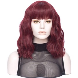 FVCENT Short Curly Shoulder Length Full Bang Wavy Women's Wig (Burgundy)