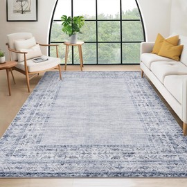 Garvee Washable Rugs 8x10 Solid Border Rugs for Living Room Stain-Resistant, Traditional Distressed Carpet Retro Accent Bordered Rug Non Slip Carpet for Bedroom Dining Room Office,Blue