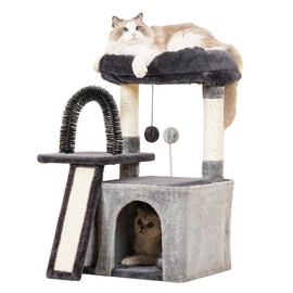 Happi N Pets Cat Tree Tower for Indoor Cats, Multi-Level Cat Tree with Scratching Posts & Pads, Cozy Cat Perch, Cat Self Groomer and Interactive Toys, Featuring with Large Cat Cave, Smokey Gray