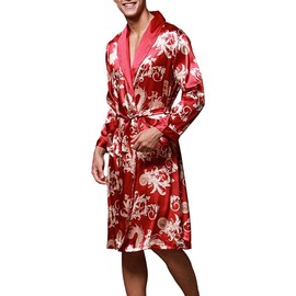 VERNASSA Mens Bath Robe Satin Sleepwear Housecoat, 45" inch Long Kimono Dressing Gown, Spa Robe Nightwear with Belt,L-XXL, Multicolor & Fashion Styles