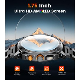 FOXBOX 1,75 Zoll AMOLED Gebogenem Touchscreen Smartwatch Herren, Militär Smart Watch mit LED-Taschenlampe für Android iOS, IP68 Wasserdicht, 800mAh, 200+ Ziffernblätter, 110+ Sportmodi, Schwarz