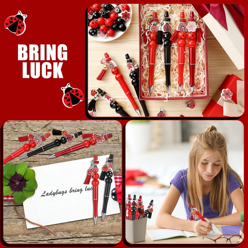 ReliThick 12 Sets Ladybug Beadable Pens Bulk Assorted Bead Pens