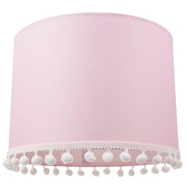 Cute and Modern Pink Cotton 10" Lamp Shade with Small White Woolly Pom Poms | for Table Lamp or Ceiling Pendant | 60w Maximum by Happy Homewares
