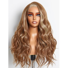 GORGIUS Brown Mixed Blonde Highlights Wigs Glueless Body Wave Ombre Wig Pre Plucked with Natural Hairline Lace Frontal Wigs Blonde Brown Colored Wigs 22 Inch Long Wigs Fiber & Remy Human Hair Blend