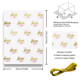 Wedding Wrapping Paper, Quality Love White Wrapping Paper With Gold Ribbon, Folded Flat 4 Sheets 50 x 70 cm Per Sheet For Weddings, Bridal Showers, Engagements, Valentine's Day, Anniversary