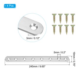 PATIKIL 4 Pcs Flat Joint Metal Fittings, 9.6 x 0.7 x 0.1 inches (245 x 19 x 3 mm), 8 Hole I-Shaped Brackets, Shelf Bracket, Stainless Steel Joint Hardware, Flat Plate Fixing Plate, Plate Braid, Racket