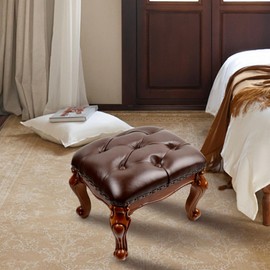 DEBJGO Leather Foot Stool Small,Vintage Ottoman Brown Leather Foot Rest,Wooden Footrest,Upholstered Footstool for Couch/Living Room/Sofa,Cherry (12.6)