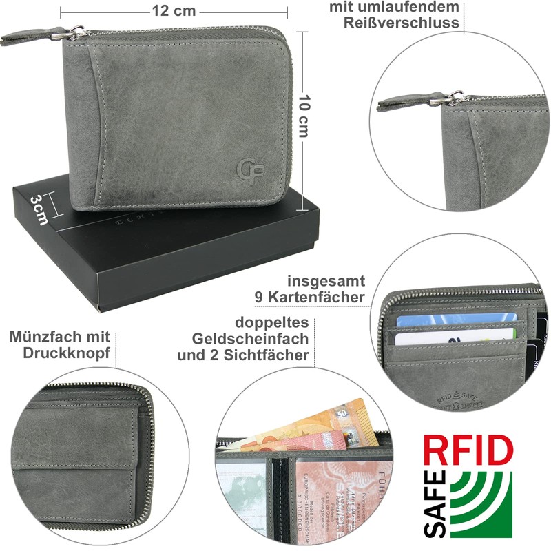 CF CATTERFELD Men's Genuine Leather Wallet with RFID Protection, gray,