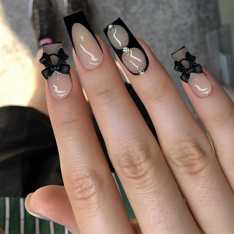 GlamRays Black Sanding Press On Nails Medium Square False Nails