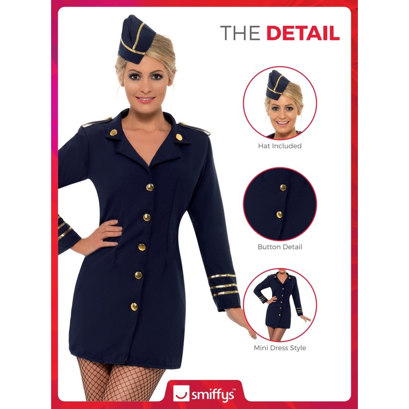 Smiffys Flight Attendant Costume, Navy Blue, 44-46
