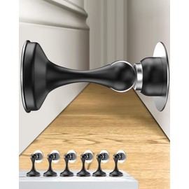 Crosize Magnetic Door Stoppers 6 Pack, Stainless Steel Door Stops for Wall and Floor Mounting, Door Holder Keep Door Open, No Drilling Door Stop with 3D Adhesive Tapes, Black