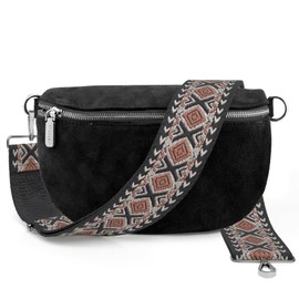 ARTVALL - Shoulder Bag Suede Bag Handbag Velour Bum Bag Small with Shoulder Strap Design Bag Strap Removable Adjustable Strap Crossbody Bag Genuine Leather Bag Women with Zip, Black (Boho Brown -