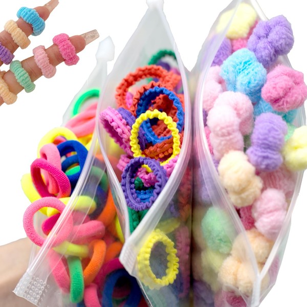 3 Textures 250Pcs Baby Hair Ties, Seamless Cotton Ponytail Holders for Girls Kids Women, Cute Small Soft Hair Bands, Easy Off, BlueZOO No Damage Tiny Hair Scrunchies, Won't Pull Out, 0.8inch Dia.