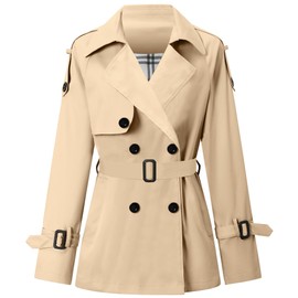 Women's Double Breasted Short Trench Coats with Belt, Khaki, Large