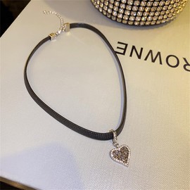 Dainty Black Leather Cord CZ Heart Love Choker Necklace for Women Elegant Crystal Short Chain Neck Necklaces Adjustable Fashion Y2K Jewelry Valentines Day Birthday Christmas Gift Her 13"