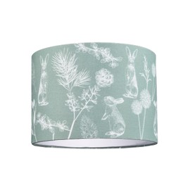 Contemporary Woodland Themed Sage Olive Green Cotton Shade with Hares and Thistle Floral Decoration | 25cm x 18cm | Inner White Cotton Lining by Happy Homewares