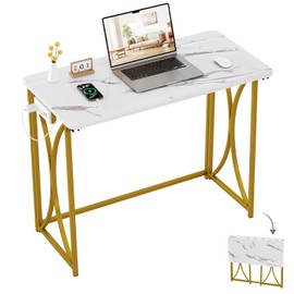 coeztt Folding Desk, 31.5" Small Desk for Bedroom with Power Outlet, Space Saving Foldable Computer Desk for Home Office, Easy Assembly, White and Gold