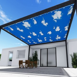 TANG 2'x13' 260 GSM Blue Sky Cloud Waterproof Rectangle Sun Shade Sail for Deck Pergola Patio Shade Cover Awning Straight Edge Canopy Printed Pattern with Grommet UV Block