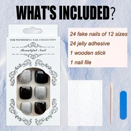 Toenails Square Fake Toenails Glossy Black Sliver Press on Toenails Solid Short Acrylic False Toes Nails with Sliver Glitter Designs Artificial Full Cover Toenail for Women Manicure 24Pcs