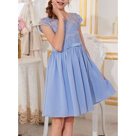 blibean Girl Short Sleeve Dress Young Kids Summer Flower Lace Mesh Boho Fancy Wedding Guest Dresses Fashion Casual Party Clothes Size 10-11 Year Old Light Blue