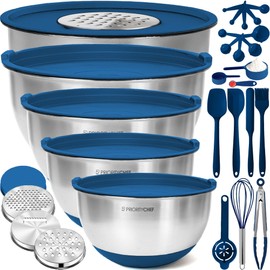 Priority Chef Premium Large 28Pc Stainless Steel Mixing Bowls with Lids Set, Non-Slip Base, Air Tight Lids, 3 Graters and Utensil Set, Large Metal Nesting Bowls for Kitchen, Blue