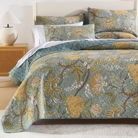 ENASAL Cotton Bedspread Quilt Sets Reversible Bedding Coverlet Sets Comforter, Vintage Floral Farmhouse Pastoral Turquoise Bedspread, Queen Size