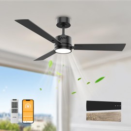 OPONL 42" Black Ceiling Fan with Light, Remote Control, Downrod Mount, Noiseless, Reversible, 6CCT, Dimmable, 6 Speeds, Timeable, Ceiling Fan with Remote Control for Bedroom, indoor/outdoor