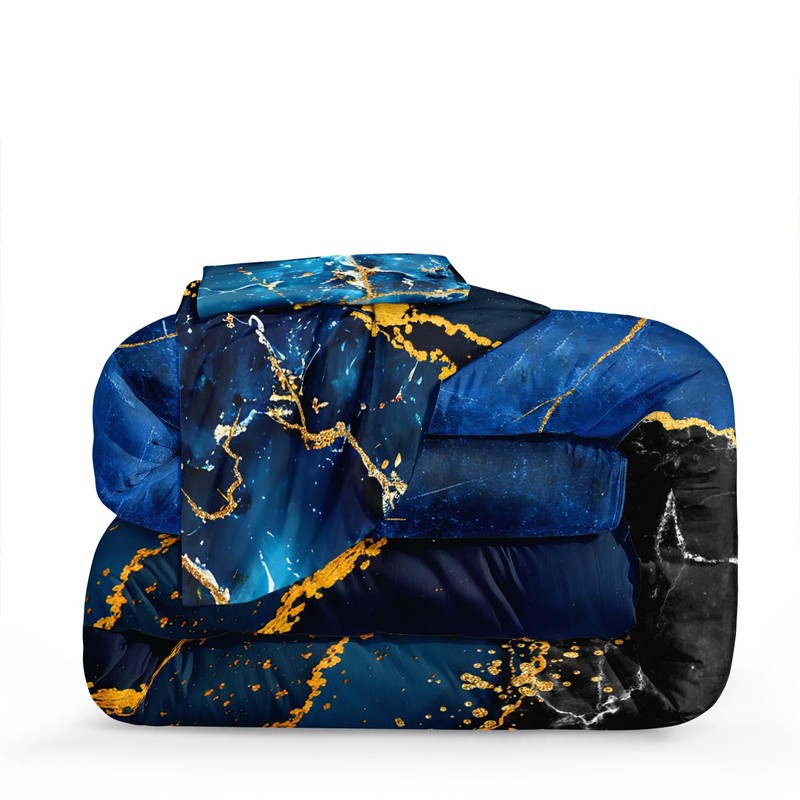 MOVE OVER Blue Gold Marble Comforter Set King Size, Luxury