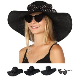 Funcredible Summer Hat for Women - Black Wide Brim Hat - Large Floppy Beach Hat - Straw Sun Hat with Bow and Heart Shape Glasses