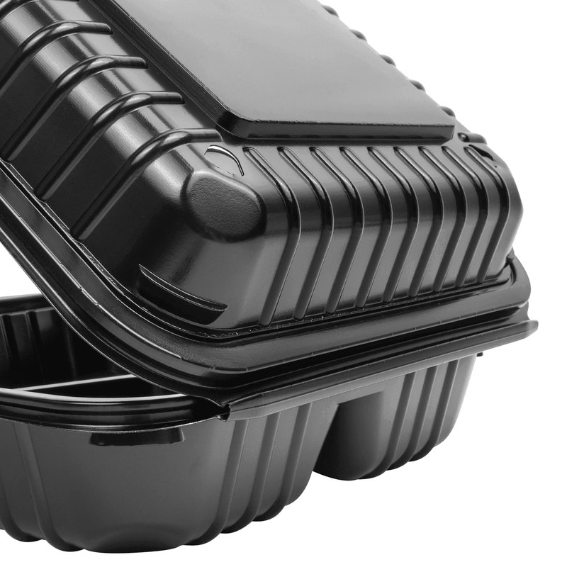 Karat 8'' x 8" Black PP Hinged Container, 3 compartment