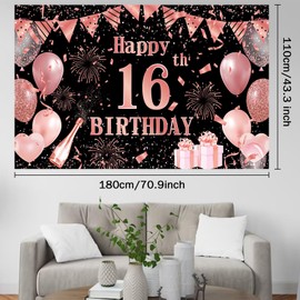 Happy 16th Birthday Backdrop Banner - Black Rose Gold Party Decoration, Large Sign Poster Photo Booth Background for Women Men Girls Boys Decor