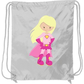 inktastic Superhero Girl, Blonde Hair, Cute Girl, Pink Cape Drawstring Bag White 3c0eb