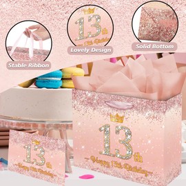 Vichona Rose Gold Happy 13th Birthday Gifts Bag for 13 Year Old Girls, 13th Birthday Decorations for Girls, 13 Year Old Girl Gifts Bag Card for Daughter Granddaughter Friends