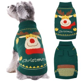 Kuoser Dog Sweater Christmas, Pet Reindeer Sweaters for Small Medium Dogs, Puppy Winter Knitwear Warm Clothes, Doggy Cold Weather Thermal Turtleneck Sweaters for Chihuahua, Bulldog, Dachshund,Green S