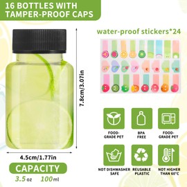 winbest Pack of 16 Shot Bottles for Filling 100 ml Plastic Bottles for Filling with Sticker Reusable 100 ml Bottles Mini Bottles for Filling Drinks Smoothies