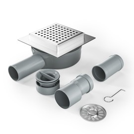 Bernkot Shower Drain Square 10 x 10 cm, 360° Siphon with Odour Stop and Hair Strainer Stainless Steel Drain Channel Floor Drain Shower Drain Very Flat DN50 DN40