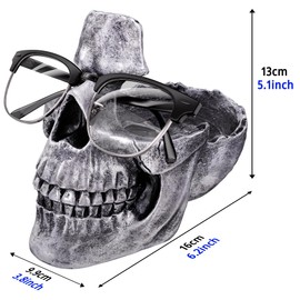 READAEER Skull Glasses Stand Holder, Creative Eyeglasses Holder, Sunglasses Spectacle Display Rack, Key Holder Resin Sculptures for Entryway, Home, Office, Desk, Nightstand (Silver)