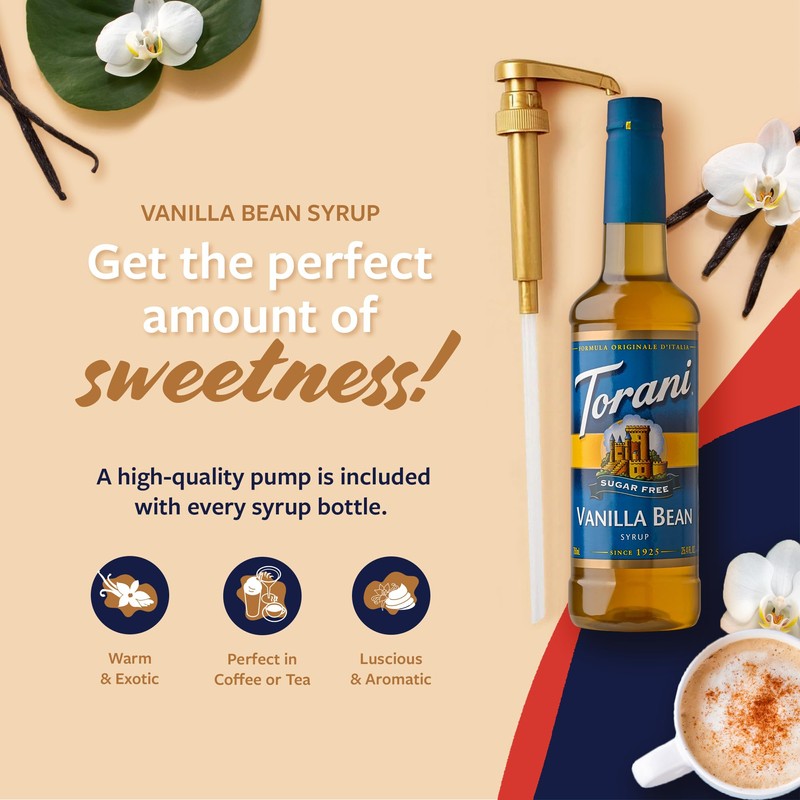 Torani Sugar Free Coffee Syrup, Vanilla Bean Flavoring for Drinks,