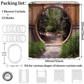 Simpomsy Japanese Shower Curtain Outdoor, Shower Curtain for Garden Decoration, Circle Rustic Doorway Gate Scenery Waterproof Bathroom Curtain with 12 Hooks 200x180cm