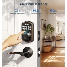 Veise Fingerprint Door Lock with 2 Lever Handles - Keyless Entry Door Lock, Electronic Keypad Deadbolt, Digital Smart Code & Front Handle Sets, Auto-Locking, Easy Installation, Oil Rubbed Bronze