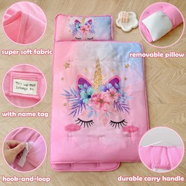 KINBEDY Toddler Nap Mats for Preschool Daycare Pink Unicorn Kids Sleeping Bag with Pillow and Blanket, Toddlers Girls Sleeping Mats Roll up Nap Pad Toddler Sleep Mat for Travel Camping